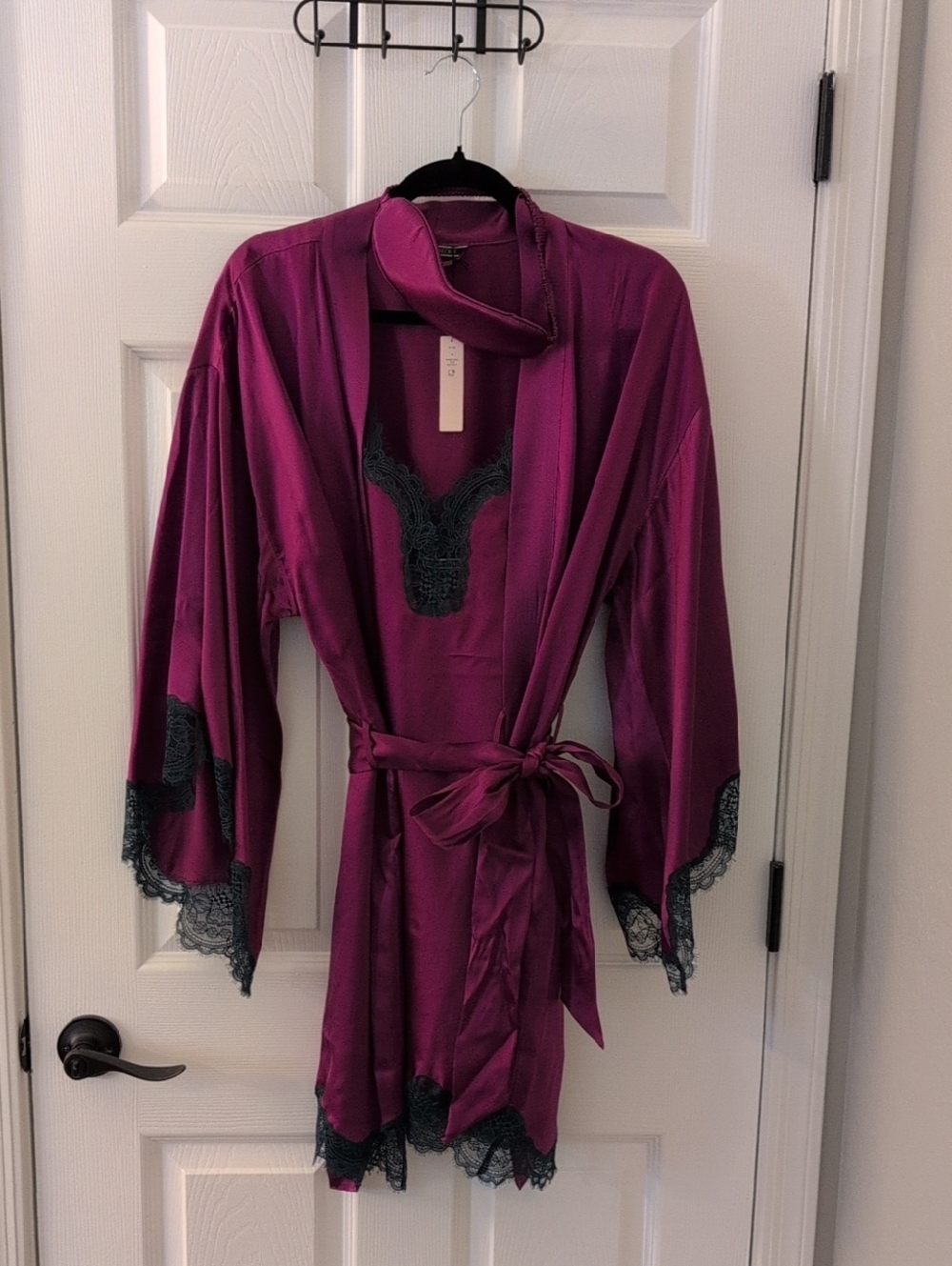 3 Piece Set - VS Plum And Teal Lace Trim Satin Robe, Slip And Eye Mask